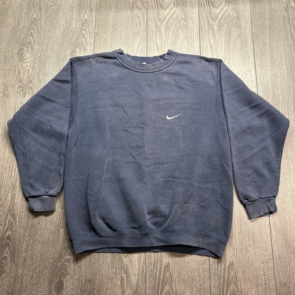 Vintage 90s Nike Mini Swoosh Crewneck Sweatshirt Navy Blue Mens Medium